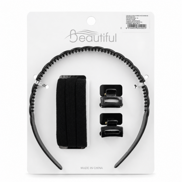 Kit Para Cabelo com Tiara, Elásticos e Piranhas Cor Preta