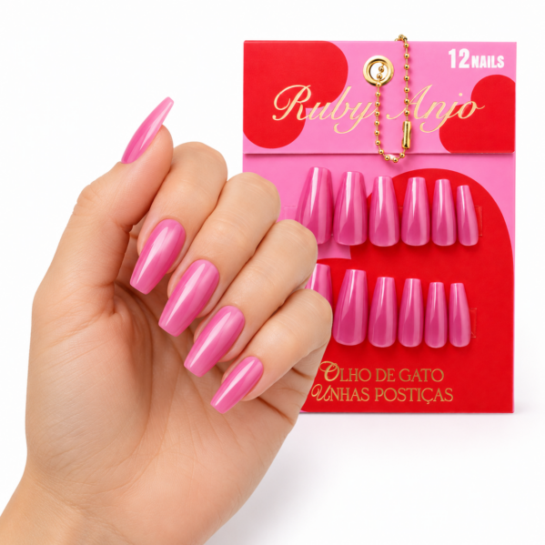 Unhas Postiças Olho de Gato Rosa Ruby Anjo 12 Unidades Efeito Brilhante