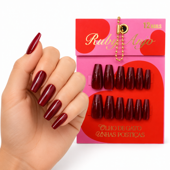 Unhas Postiças Vermelho Bordô Ruby Anjo 12 Unidades Efeito Brilhante