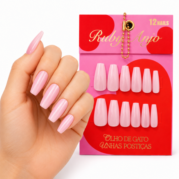 Unhas Postiças rosa Ruby Anjo 12 Unidades Efeito Brilhante