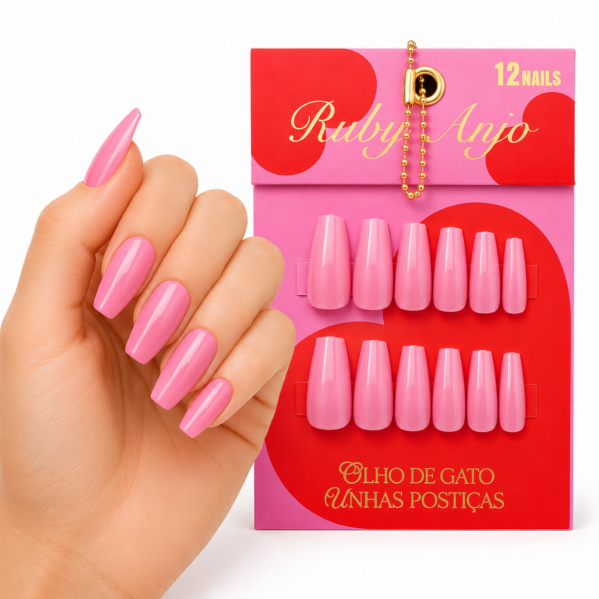 Unhas Postiças rosa chiclete Ruby Anjo 12 Unidades Efeito Brilhante