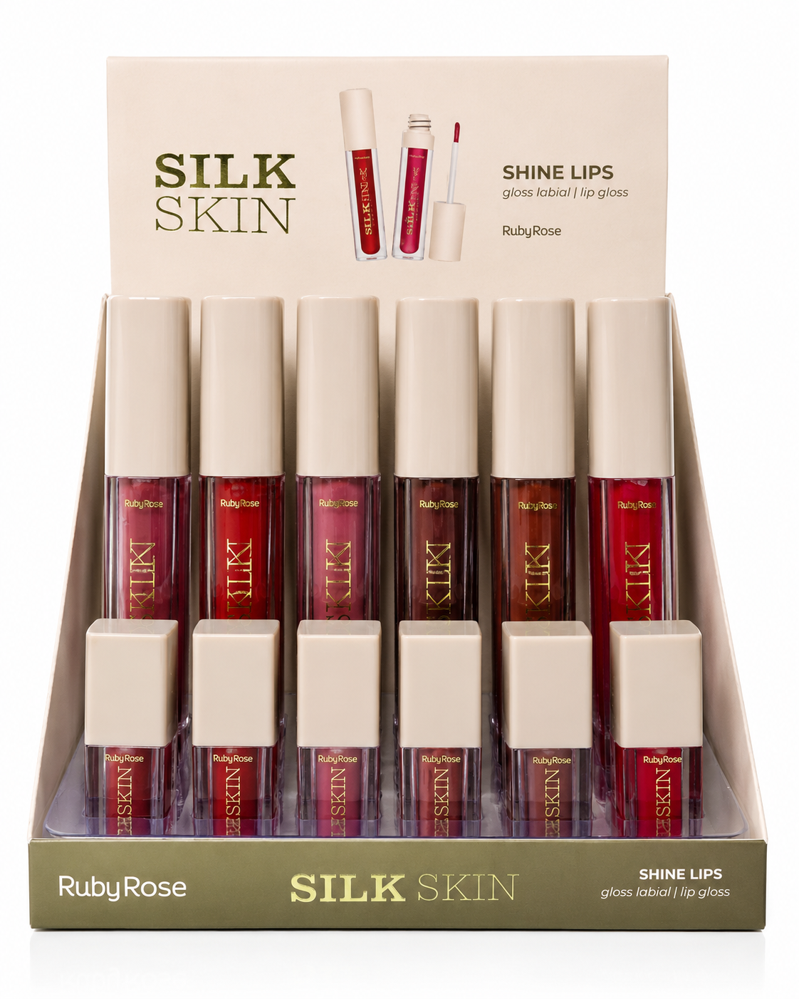 Box Gloss Labial Ruby Rose Silk Skin Shine Lips – 36 Unidades